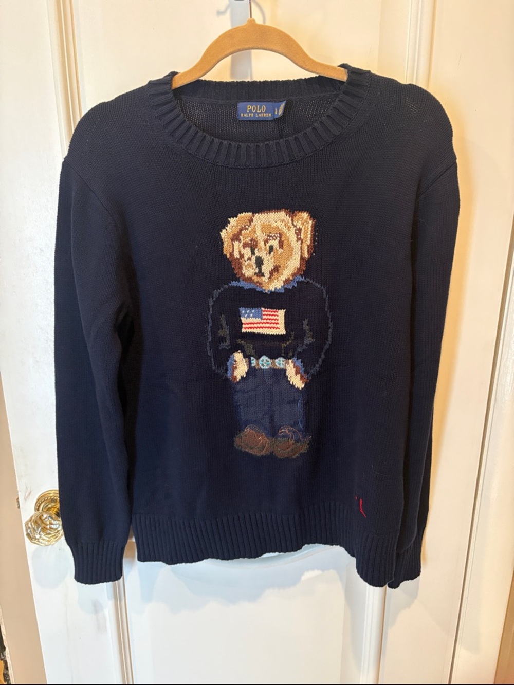Polo by Ralph Lauren Navy Bear Crewneck Sweater with Flag Motif
